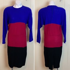 Vintage 70s 80s Color Block Sweater Dress Medium Casual Shift Dress